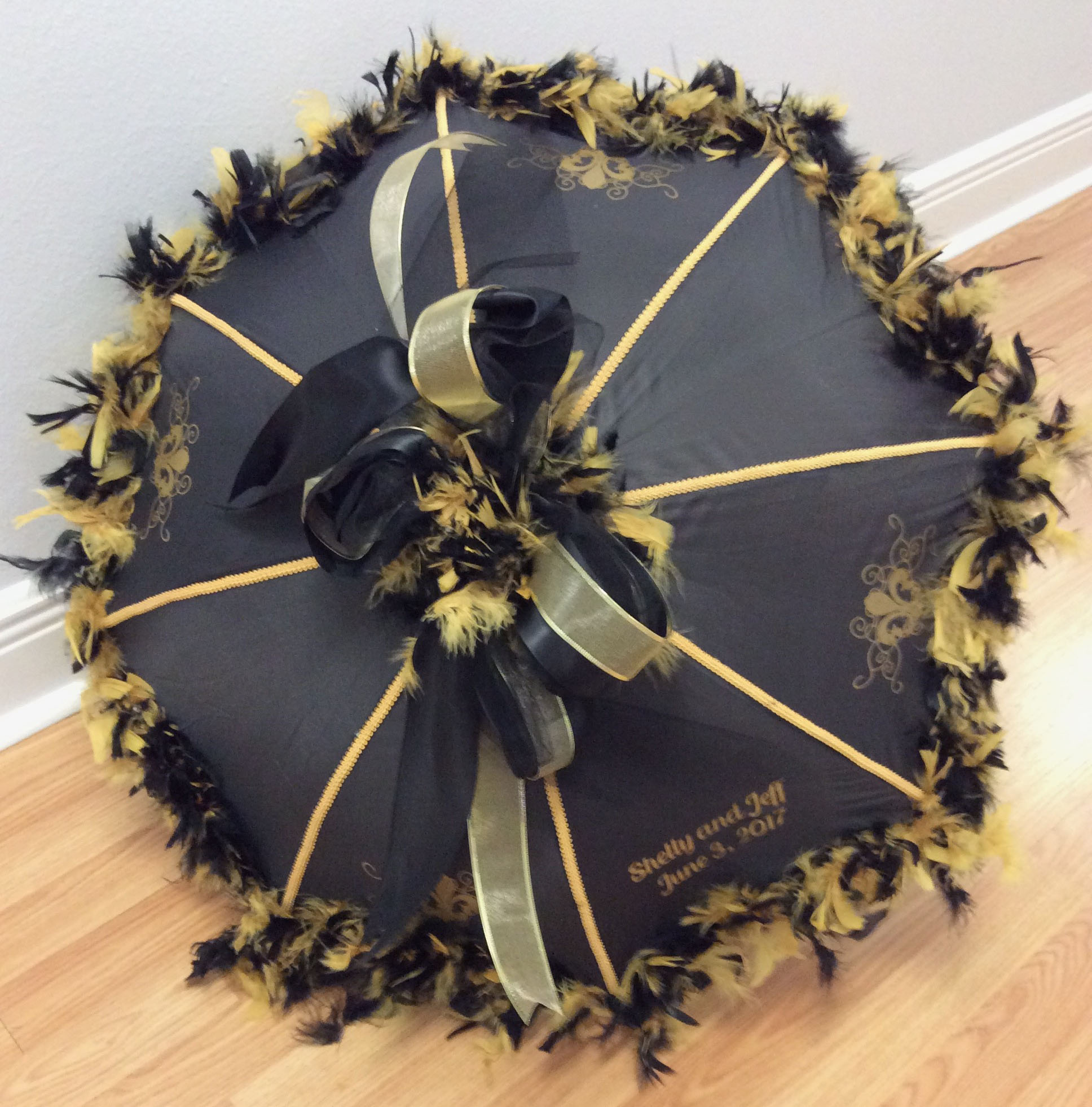 Black Umbrella with Gold Ribs and black boa